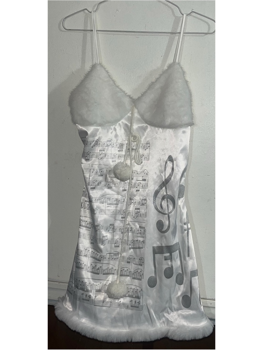 White Satin Music Note Dress with Faux Fur Trim